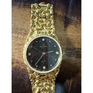 Vintage Elgin Quartz Gold Tone Nugget Textured Watch Black Dial Diamond Accents